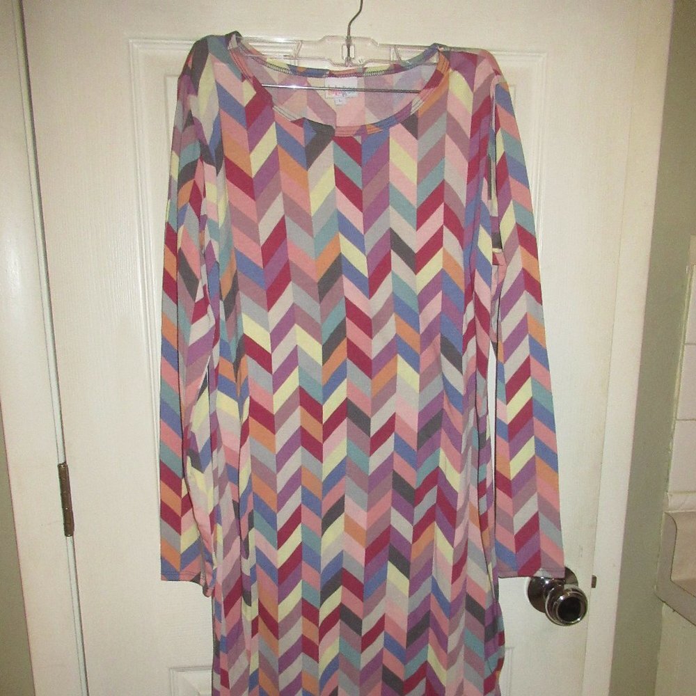 LuLa Roe Long Sleeve Multi Color Chevron Shirt Dress Large UEC
